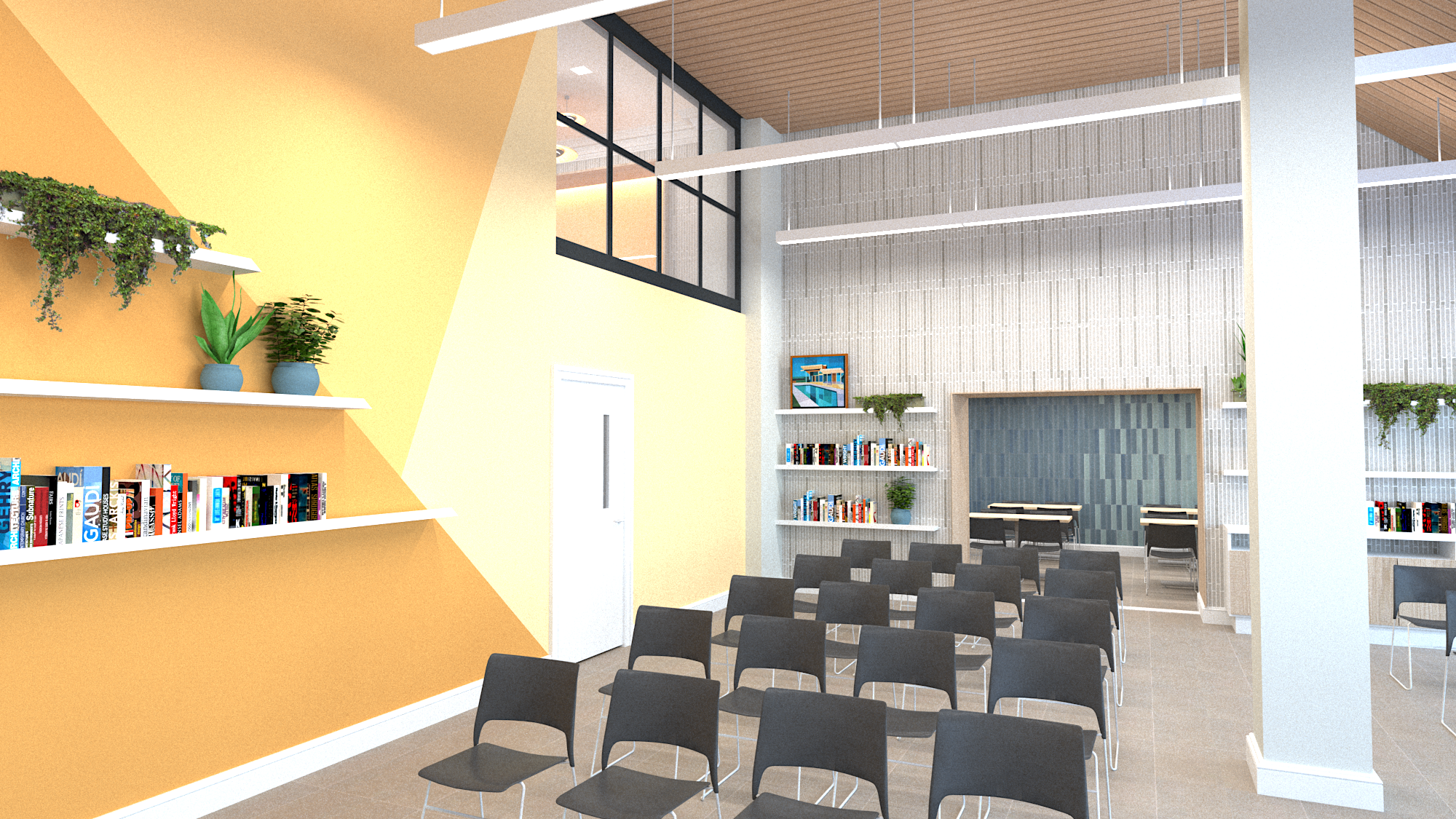 rendering of a meeting room with yellow wall, seating for a lecture