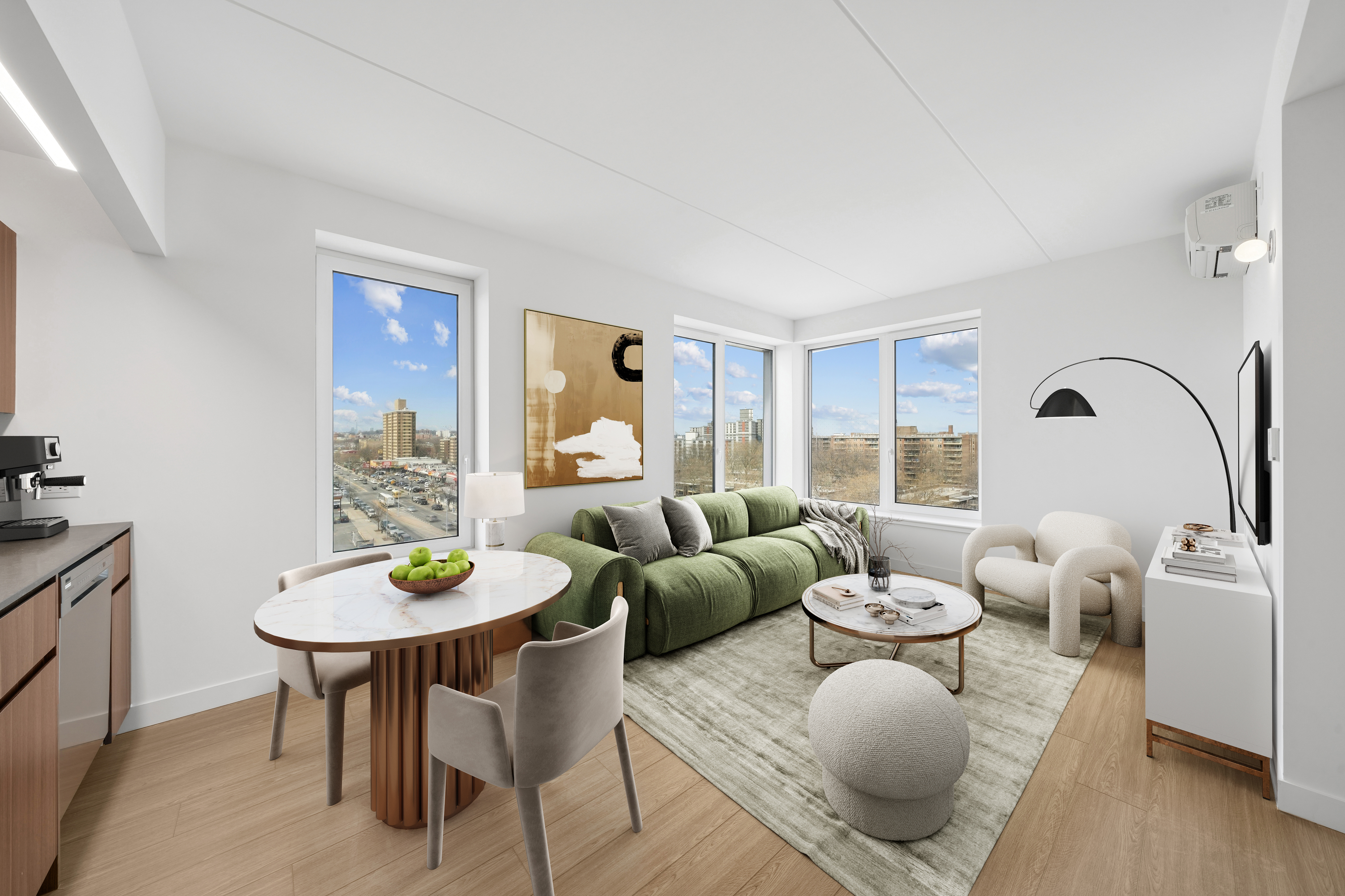 rendering of a living room with white walls, two exposures