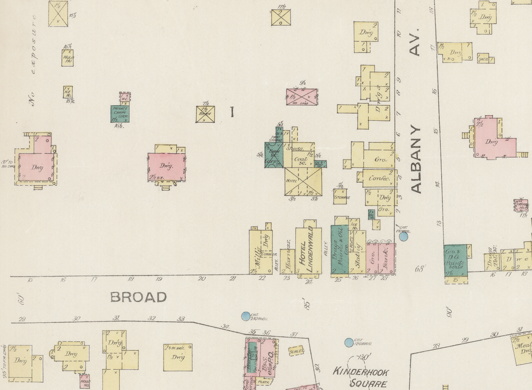 map with brick buildings indicated in pink and wood frame in yellow