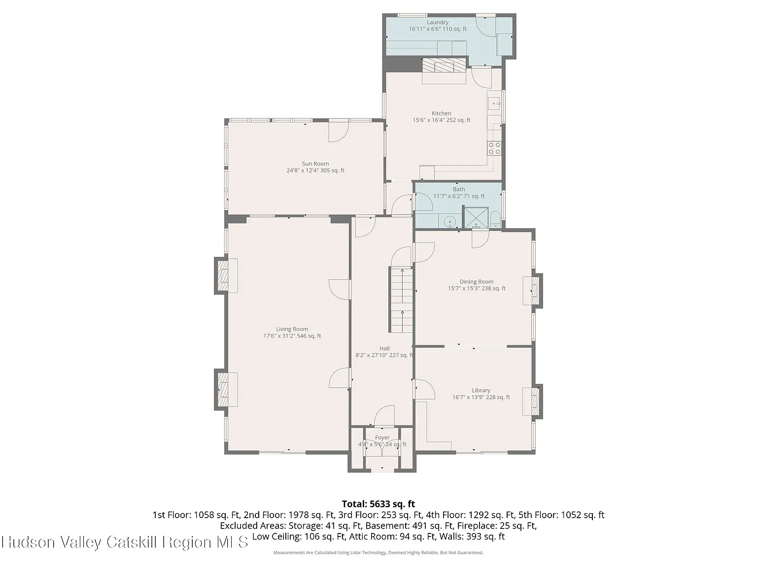 floor plan of first floor showing parlors, sunporch and kitchen