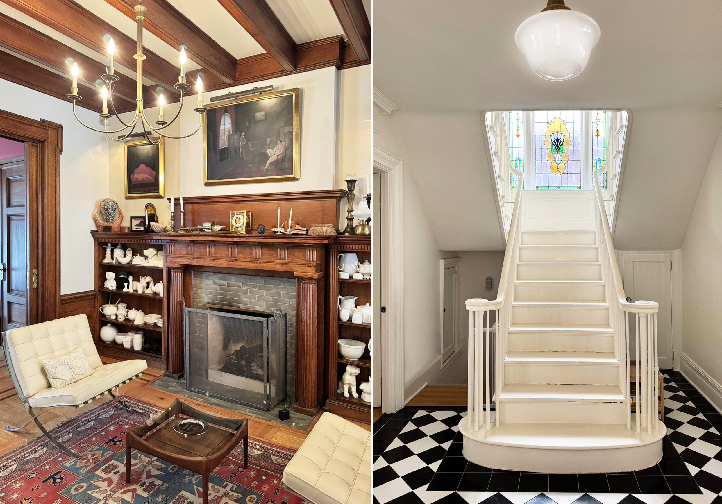 collage showing a parlor with a mantel and a stair with stained glass